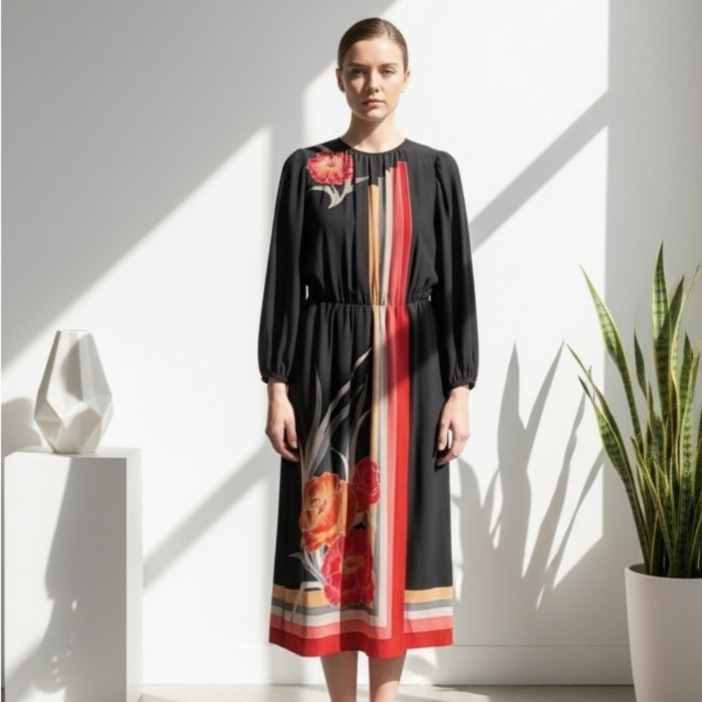 Vintage 1970s black silk Japanese patterned midi dress - size Medium (M) - Picture 2 of 8